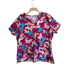 SB Scrubs Scrub Top  Large L Pink Mulberry Maroon Turquoise Grey Butterflies